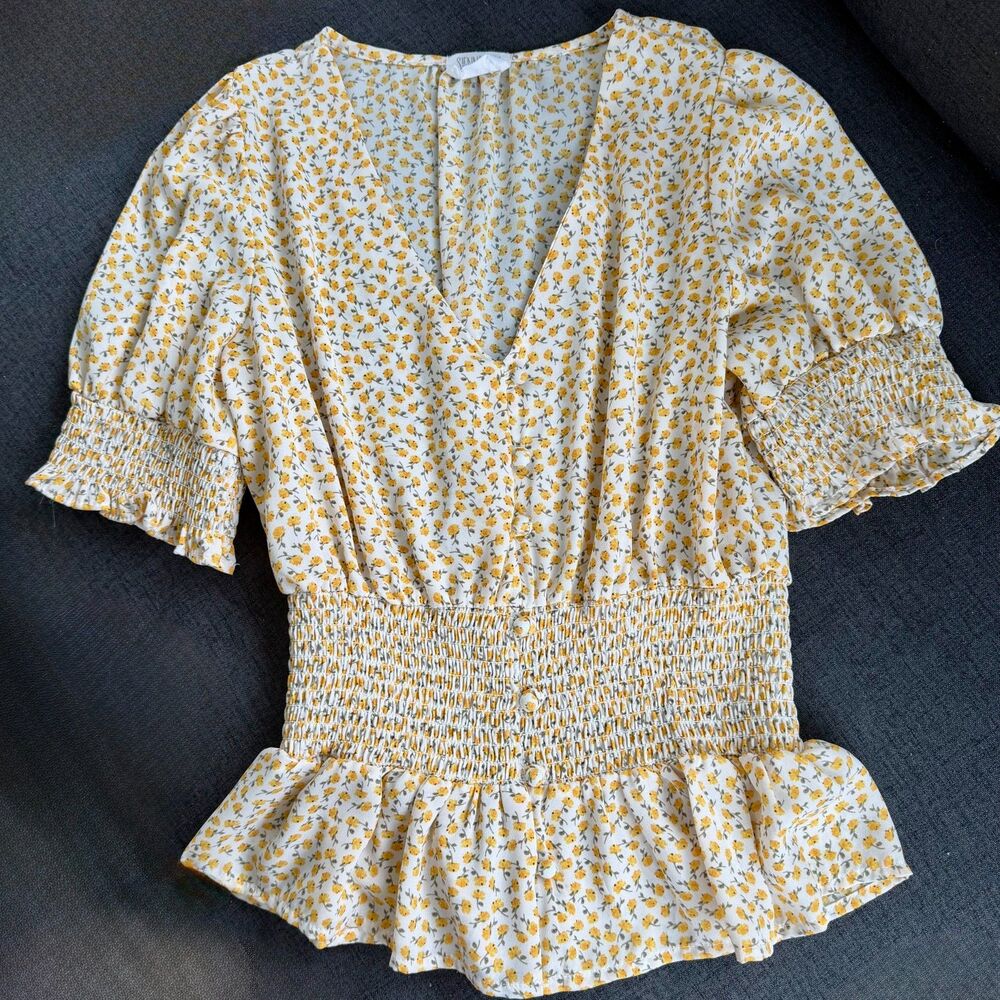 Sienna Sky Yellow Floral Smocked Peplum Blouse Puff Sleeve Top